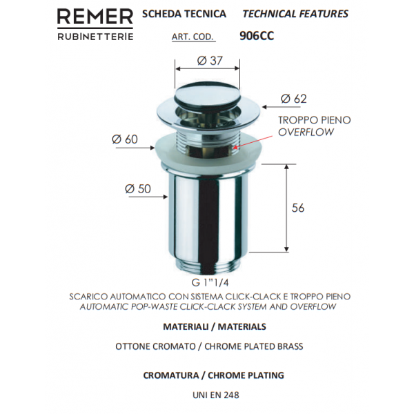 Донний клапан для раковини 1 1/4" click-clack з переливом REMER 906CC114