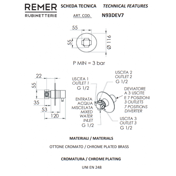 Перемикач для душу на 3 виходів прихованого монтажу REMER N93DEV7