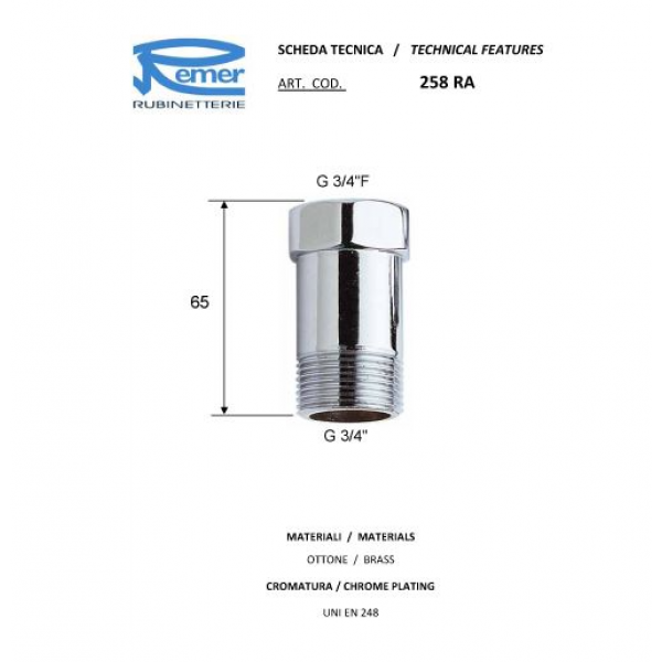 Подовжувач різьблення 50 мм 3/4" хром REMER 258RA