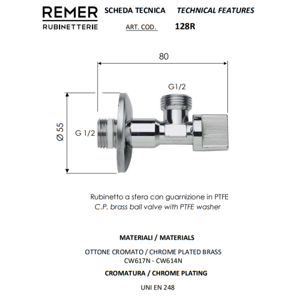 Кран приладовий кутовий 1/2" х 1/2" REMER 128R1212