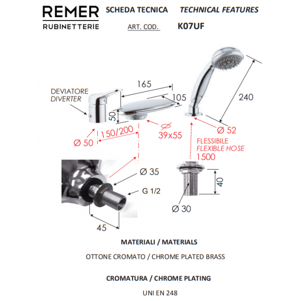 Смеситель врезной на борт ванны REMER K07UF
