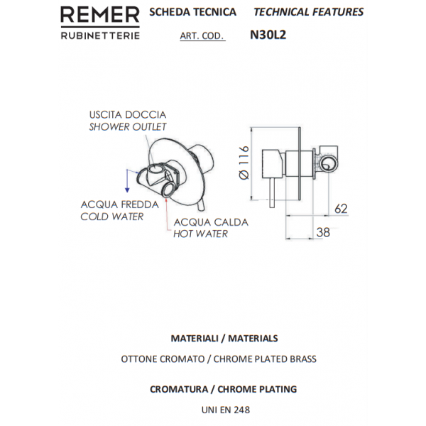 Змішувач для душу прихованого монтажу REMER N30L2