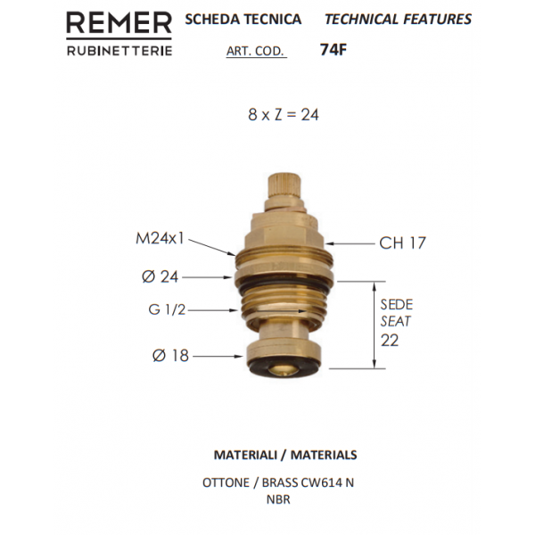 Кран букса 1/2" 22 мм REMER 74F