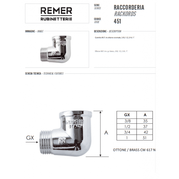 Угол 3/4" х 3/4" внутренняя-наружная резьба REMER 45134