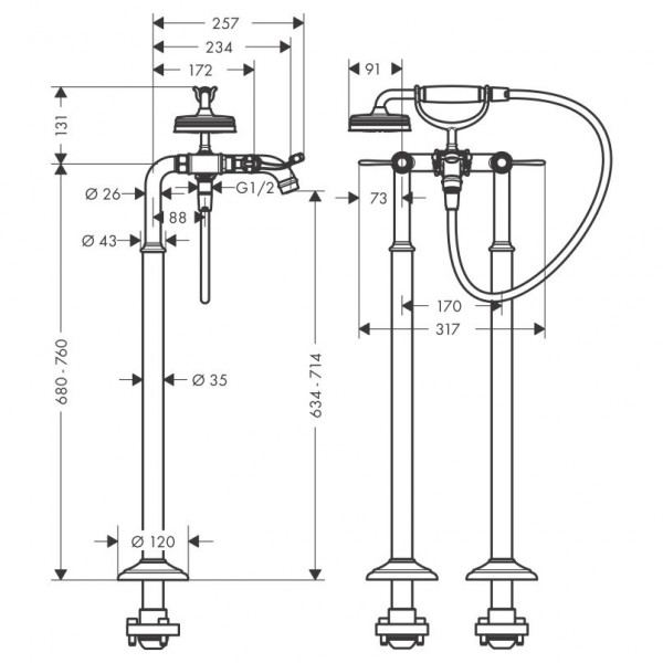 Смеситель напольный для ванны Axor Montreux Lever на 2 отверстия (16553000)