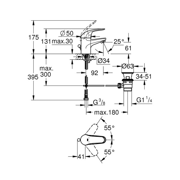 Смеситель для раковины Grohe Euroeco S-Size 23262000 с донным клапаном