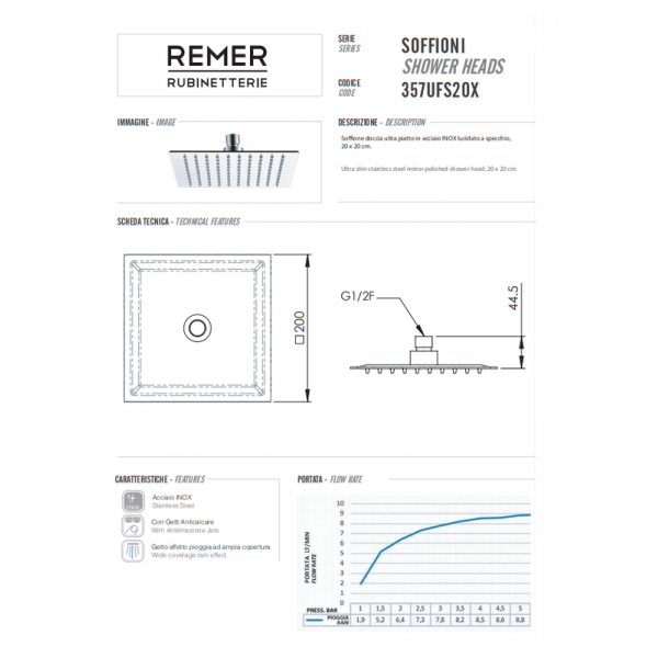 Лійка верхнього душу поворотна 200 мм квадратна нержавіюча сталь REMER 357UFS20