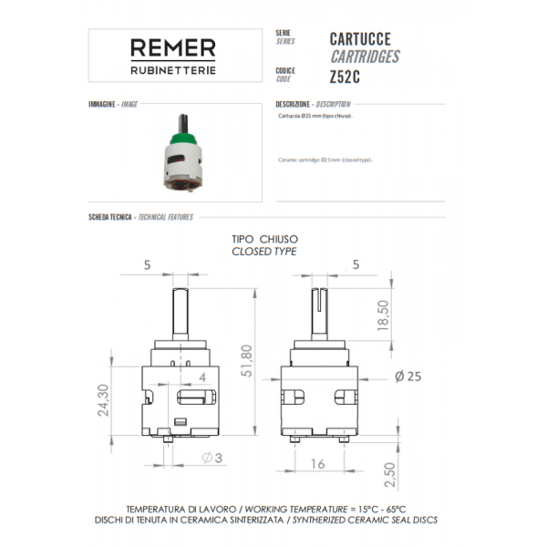 Картридж для смесителя 25 мм REMER Z52C