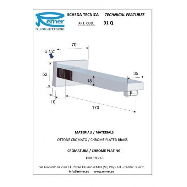 Вилив прихованого монтажу квадратний REMER 91Q