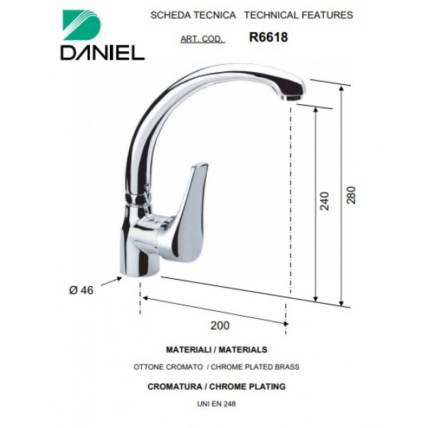 Змішувач для кухні одноважільний поворотний DANIEL R6618CR