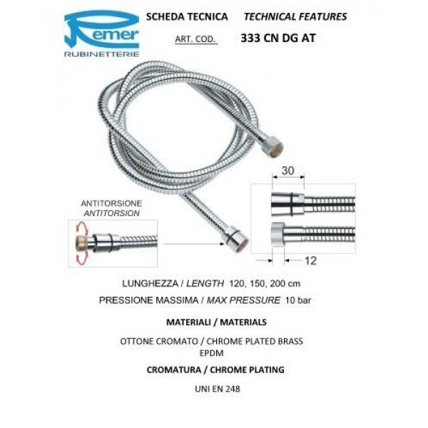 Шланг для душу з підшипником 150 см REMER 333CNDGAT150