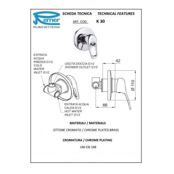 Гігієнічний душ зі змішувачем прихованого монтажу REMER K30337OL