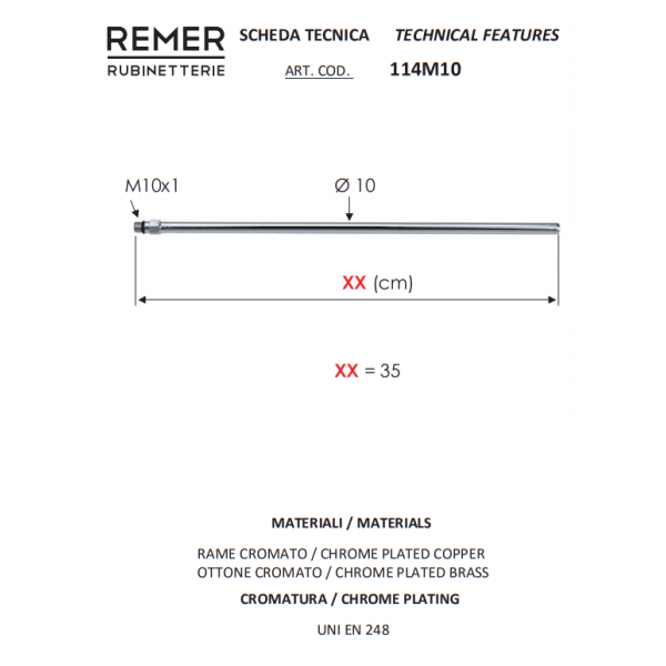Трубка для подключения смесителя 35 см М10 хром REMER 114M1035 Трубка для подключения смесителя 35 см М10 хром REMER 114M1035