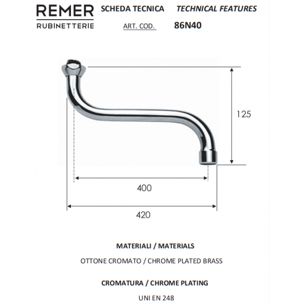 Гусак для змішувача на кухню 40 см S-подібний REMER 86N40