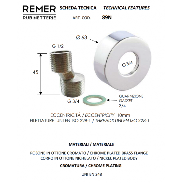 Ексцентрик для змішувача 1/2" х 3/4" з декоративною чашкою REMER 89N