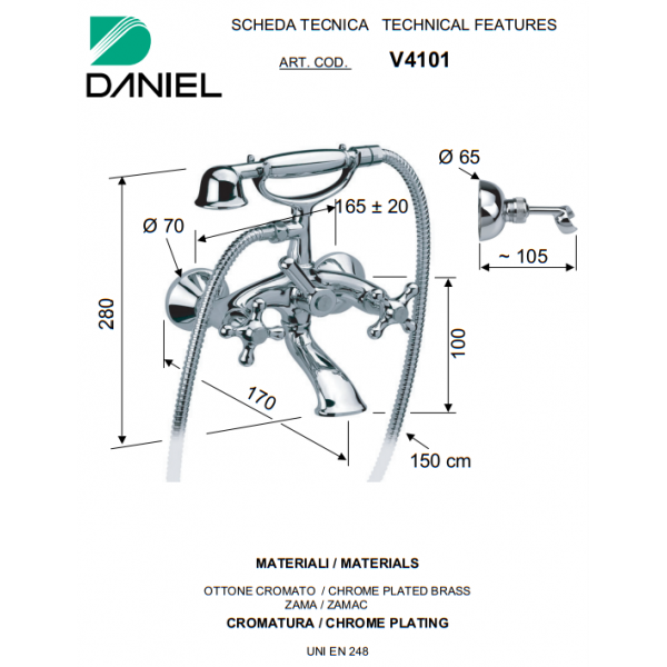 Смеситель для ванны с душем двухрычажный DANIEL V4101CR