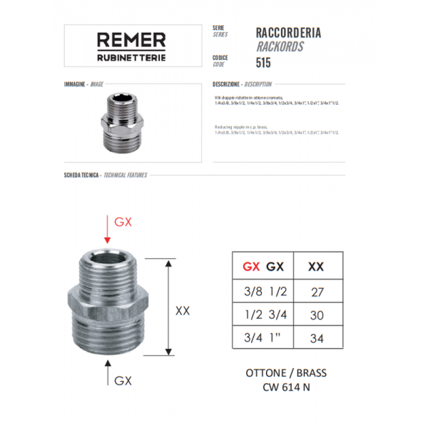 Ніпель перехідний  3/8" х 1/2" хромований бочонок REMER 5153812