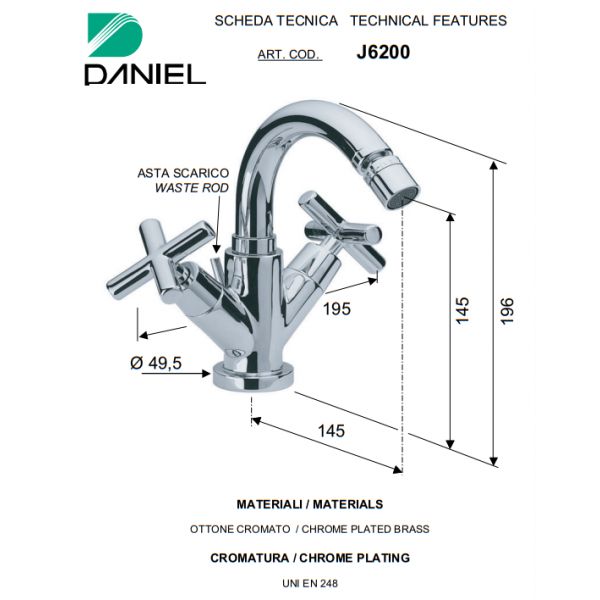 Смеситель для биде с донным клапаном DANIEL J6200CR
