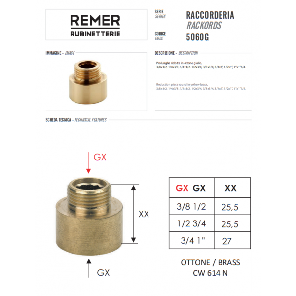 Переходник резьбы наружная-внутренняя 3/8" х 1/2" латунь REMER 506OG3812