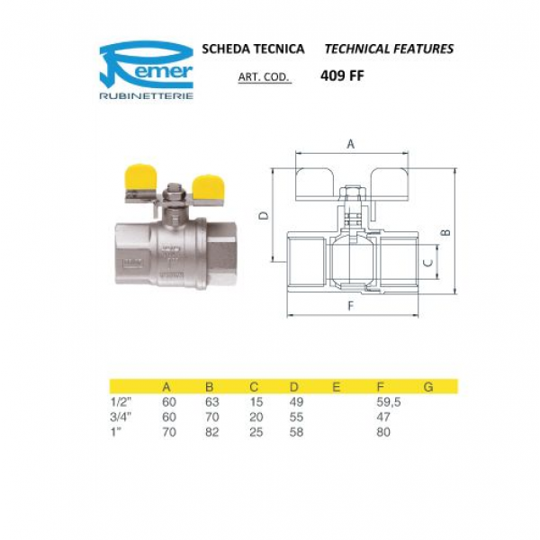 Кран кульовий для газу 1/2" з внутішнім різьбленням REMER 409FF12Y