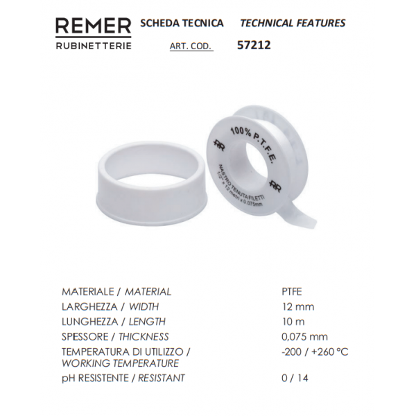 Стрічка фум 12мм х 12м х 0,075 мм REMER 57212