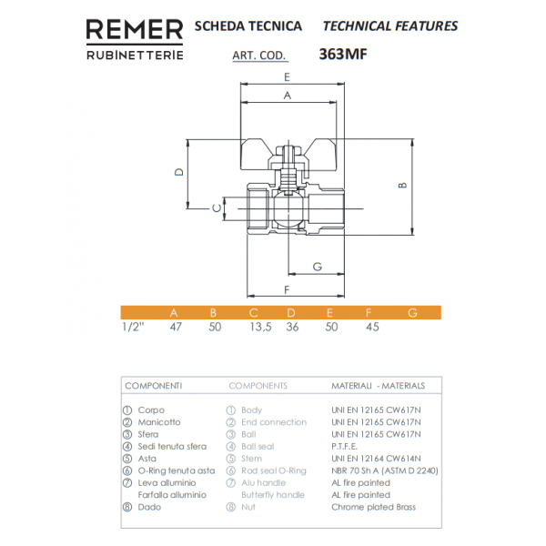 Шаровой кран 1/2" внутренняя-наружная резьба REMER 363MF12