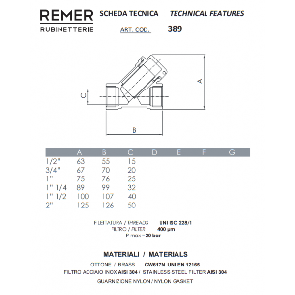 Фільтр грубої очистки косий 1" REMER 38910
