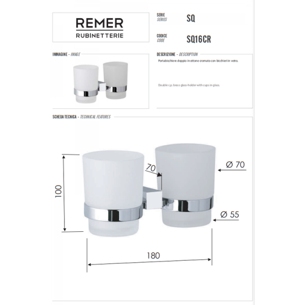 Двойной держатель со стаканами для зубных щёток REMER SQ16