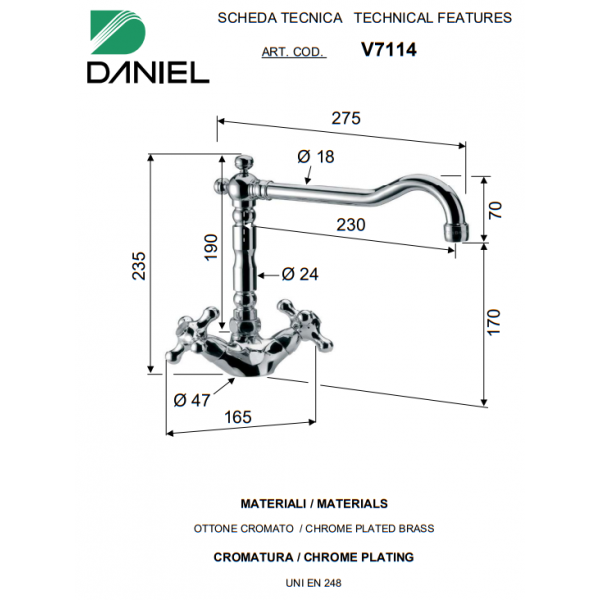 Змішувач для кухні двоважільний DANIEL V711464 мідь