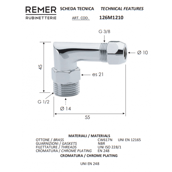 Угол с цангой для жесткой подводки 1/2" - 10 мм REMER 126M1210