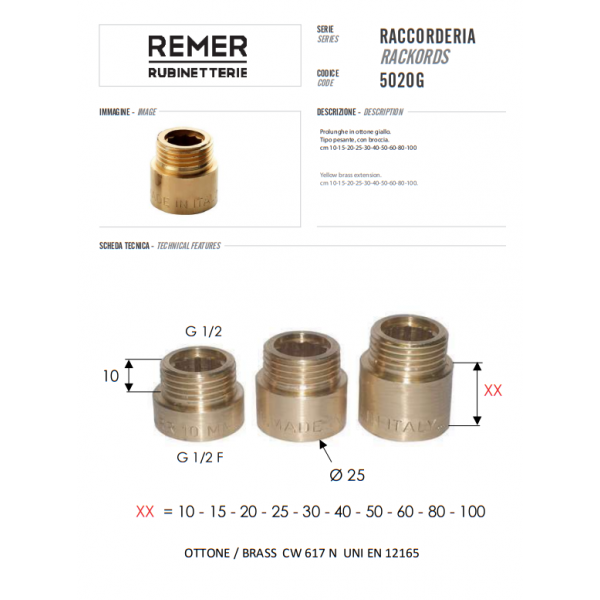 Подовжувач різьблення 40 мм 1/2" латунь REMER 502OG1240