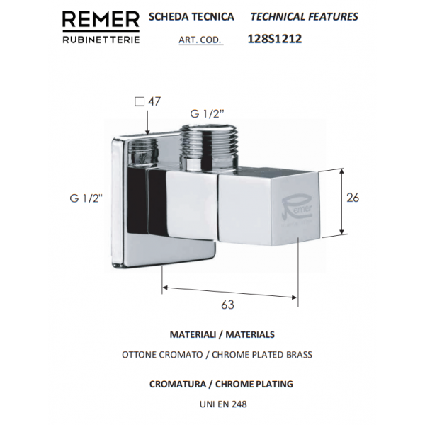 Кран приладовий кутовий 1/2" х 1/2" REMER 128S1212