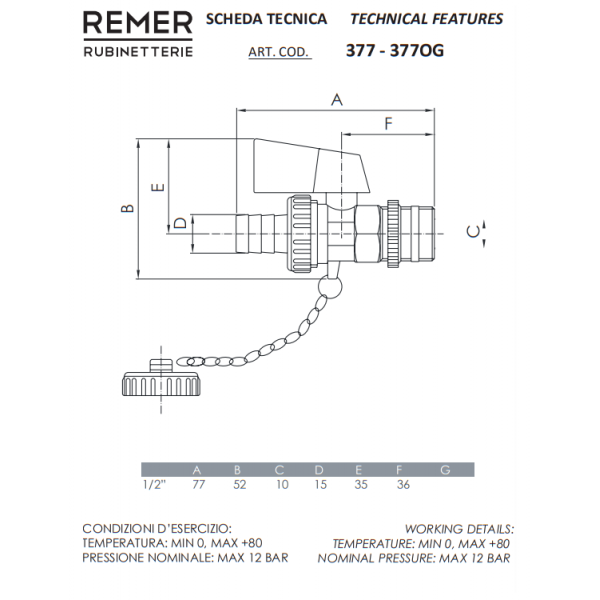 Спускний кран зі штуцером із заглушкою 1/2" REMER 37712