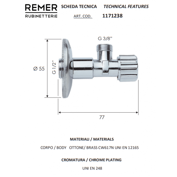 Кран приладовий кутовий 1/2" х 3/8" REMER 1171238