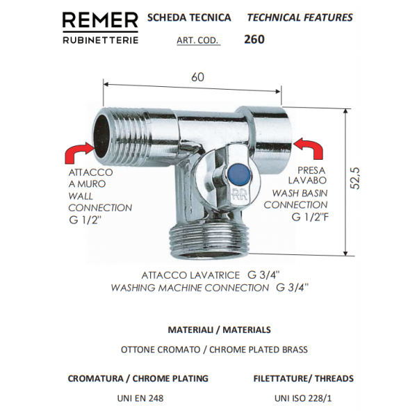 Кран трехходовой для стиральной машины 1/2" х 1/2" х 3/4" REMER 260