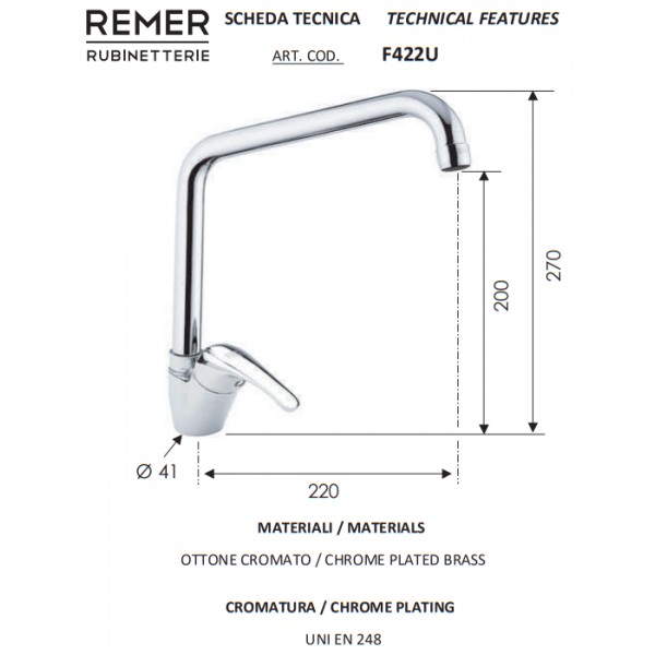 Змішувач для кухні одноважільний REMER F42U