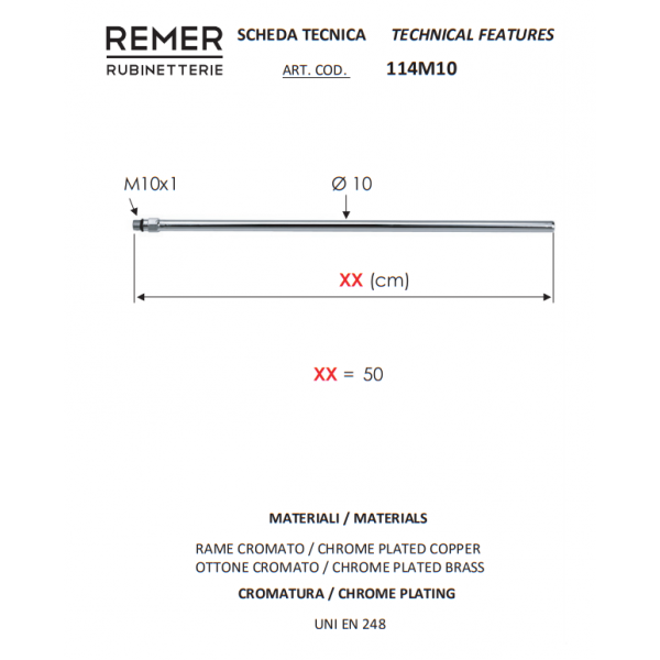 Трубка для подключения смесителя 50 см М10 хром REMER 114M1050