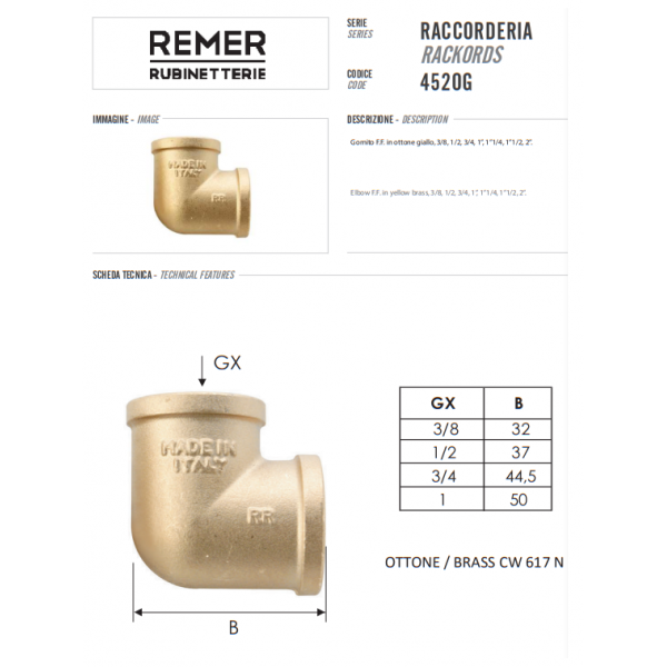 Угол 1/2" х 1/2" с внутренней резьбой REMER 452OG12